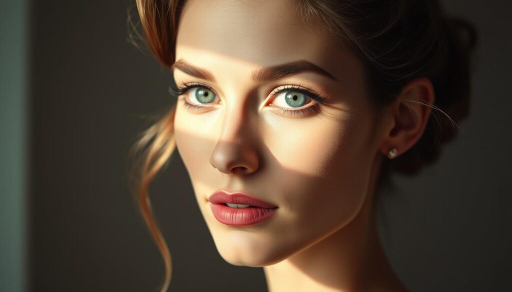 A captivating portrait of a woman with a heart-shaped face, illuminated by soft, natural lighting that accentuates her delicate features. Her hair is styled in a romantic, flattering coiffure that frames her face, drawing attention to her striking bone structure and expressive eyes. The composition is balanced and elegant, with a clean, minimalist background that allows the subject to take center stage. The overall mood is one of subtle glamour and refined beauty, perfectly capturing the essence of a hairstyle designed to highlight the unique assets of a heart-shaped face.