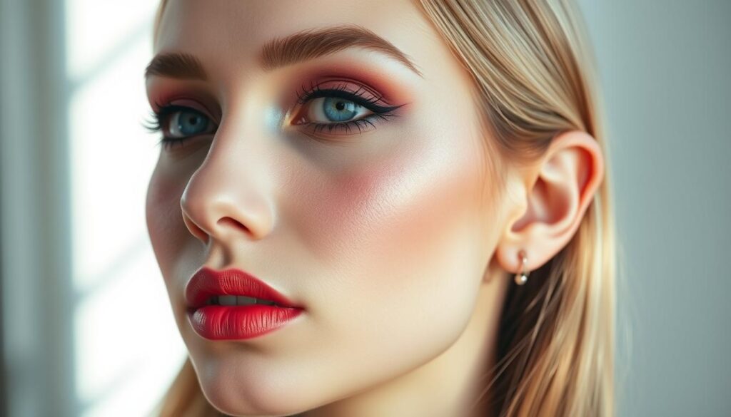A close-up portrait of a woman's face with a heart-shaped makeup design. The makeup features a soft, romantic palette of pink, peach, and plum tones, with a subtle shimmer across the eyelids and cheeks. The eyes are defined with a delicate feline flick at the outer corners, and the lips are finished with a satin-smooth, muted coral hue. Natural lighting filters in from the side, casting gentle shadows and highlights that accentuate the model's features. The background is blurred and softly out of focus, keeping the focus on the intricate and artfully-applied makeup. The overall mood is one of elegance, femininity, and enchanting allure.