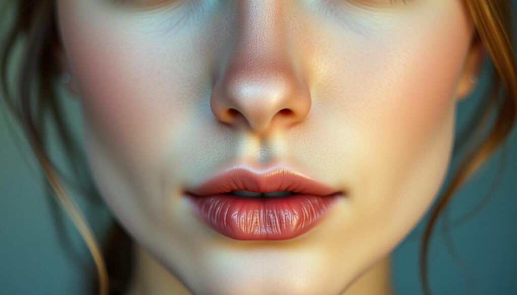 A detailed close-up portrait showcasing the facial proportions of a serene female subject. The lighting is soft and diffuse, accentuating the delicate features and smooth complexion. The image is captured at a slight angle, highlighting the symmetry and harmony of the face. The focus is sharp on the eyes, nose, and lips, revealing the intricate balance of the facial structure. The background is subtly blurred, keeping the attention on the subject's captivating countenance. The overall mood is one of tranquility and aesthetic appreciation, perfectly suited to illustrate the section on "Dobór fryzury według proporcji twarzy".