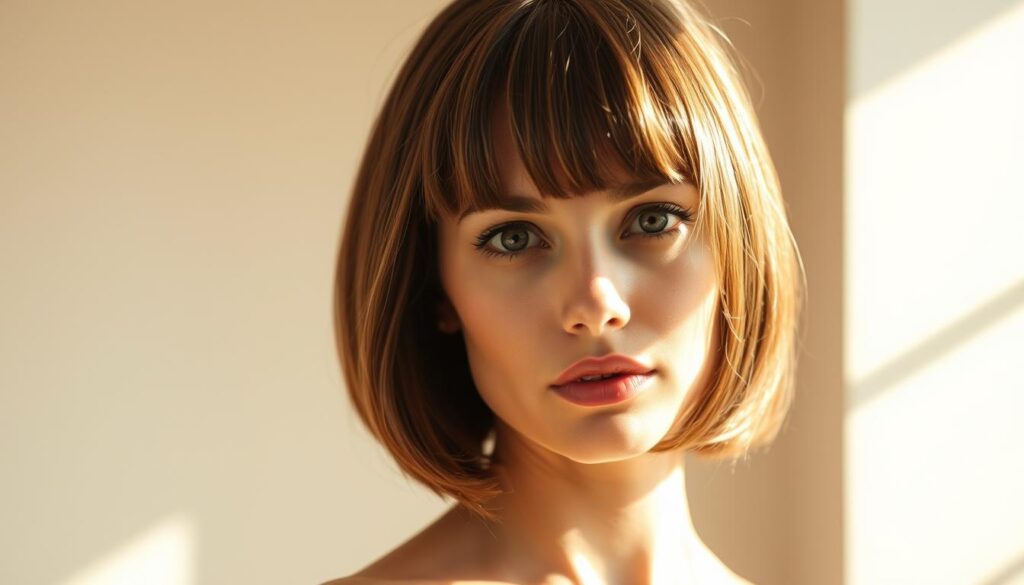 A sophisticated woman with a classic bob haircut and soft, face-framing bangs stands in a sunlit, minimalist setting. Warm lighting accentuates the rich brown tones of her hair, and the fringe gently sweeps across her forehead, creating a timeless, effortless look. The background is a serene, neutral palette, allowing the subject to take center stage. The overall mood is one of elegant simplicity, reflecting the timeless appeal of this iconic 1970s-inspired hairstyle.