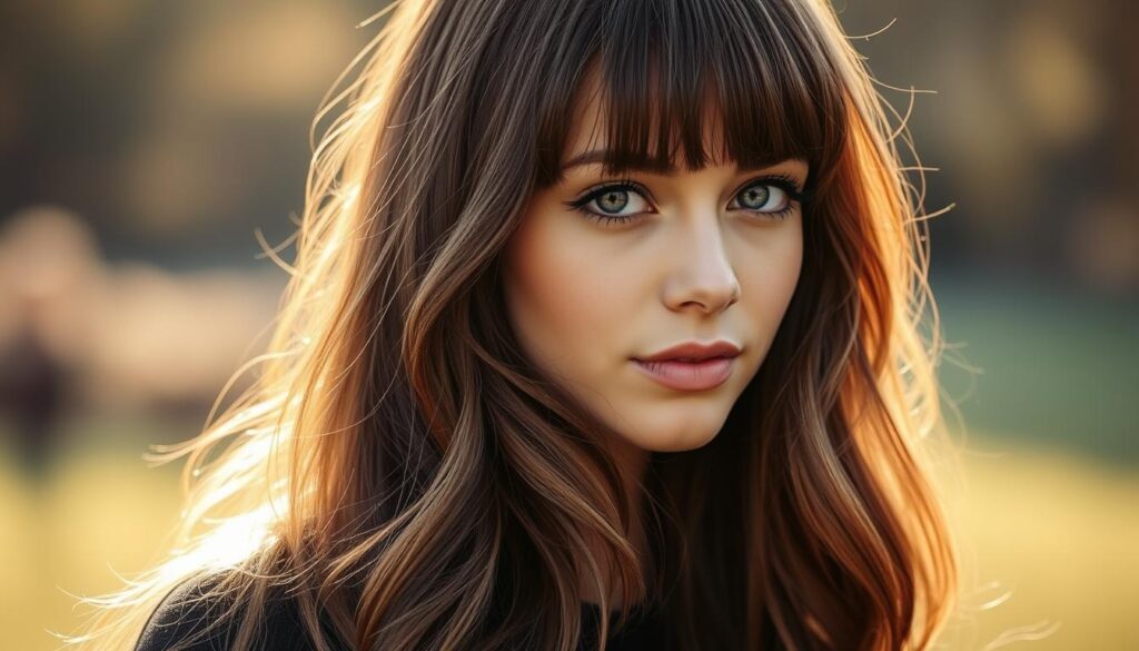 A young woman with long, flowing hair and stylish bangs stands in a softly-lit, natural setting. Her chestnut-colored tresses cascade down her shoulders, framing her delicate facial features. The lighting casts a warm, golden glow, accentuating the subtle highlights and lowlights in her hair. The background is blurred, drawing the viewer's focus to the detailed texture and movement of her lush, semi-long hairstyle. The overall mood is one of effortless elegance and casual sophistication, perfectly capturing the essence of the "Półdługie i długie fryzury z grzywką" section.
