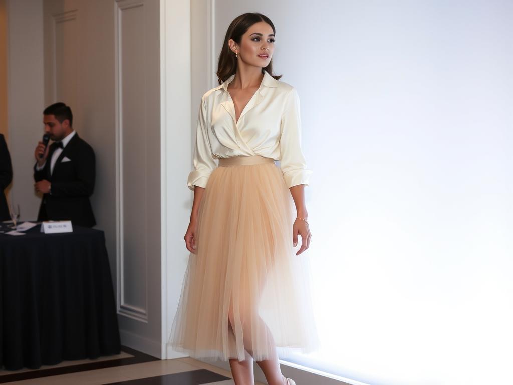 Kobieta w tiulowej spódnicy midi z elegancką bluzką i szpilkami - formalna stylizacja z tiulową spódnicą
