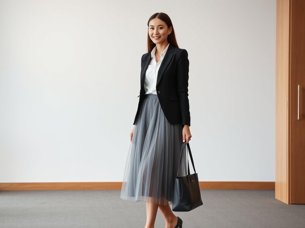 Kobieta w tiulowej spódnicy z marynarką i elegancką bluzką - biznesowa stylizacja z tiulową spódnicą