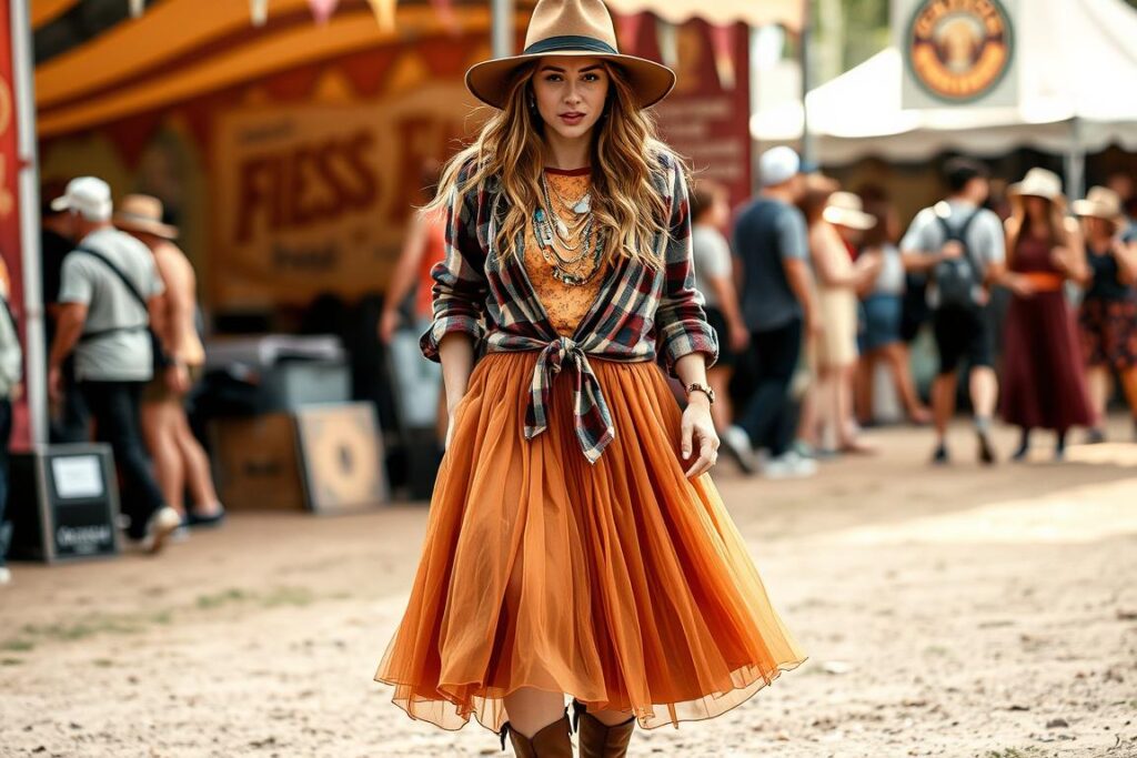 Tiulowa spódnica z koszulą w kratę i kapeluszem - boho stylizacja na festiwal