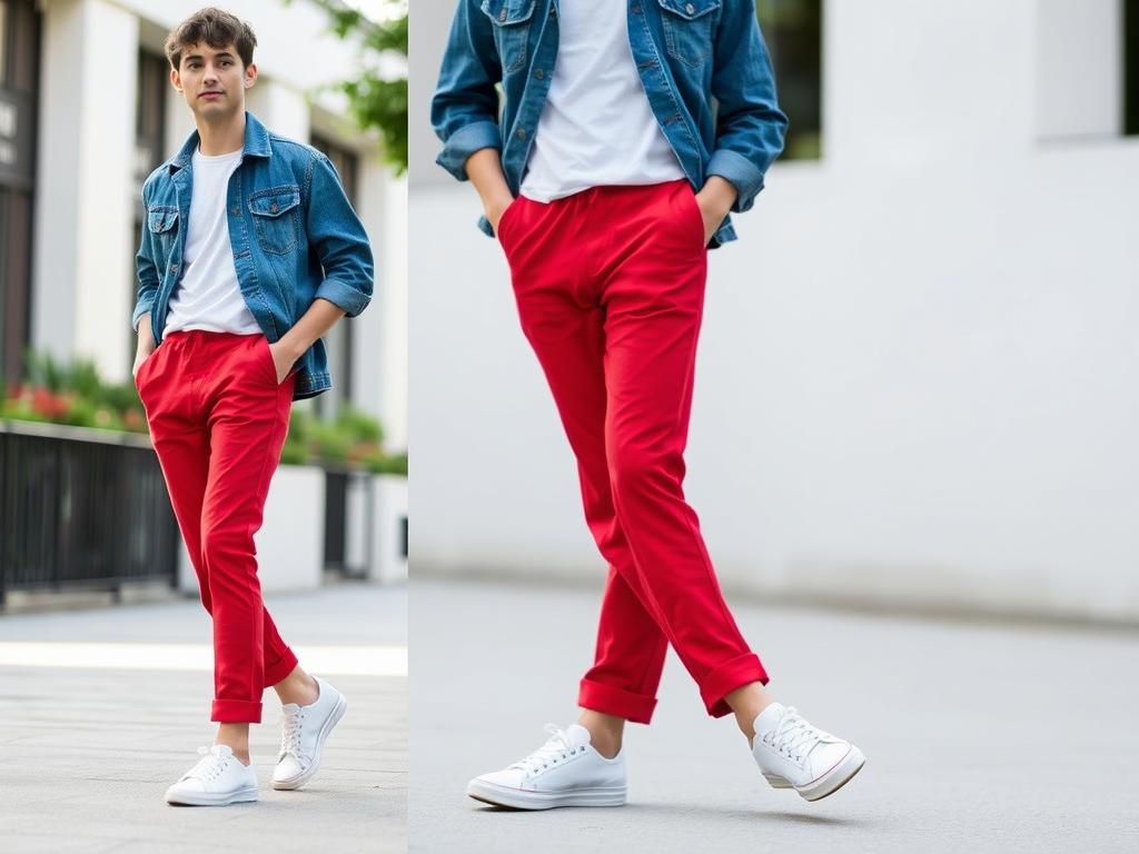 Casualowa stylizacja z czerwonymi spodniami, białym t-shirtem i jeansową kurtką