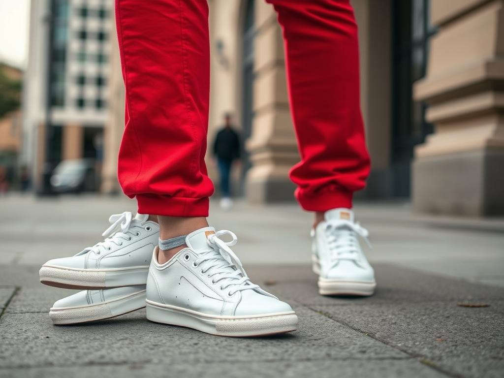 Czerwone spodnie zestawione z białymi sneakersami w casualowej stylizacji