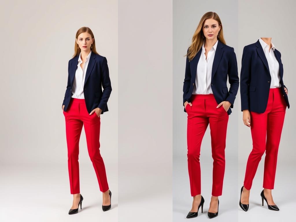Elegancka stylizacja z czerwonymi spodniami i granatową marynarką