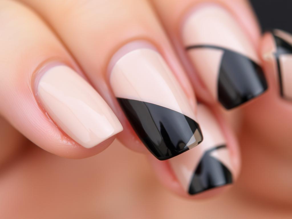 Geometryczny negative space z czarnym akcentem na nude paznokciach