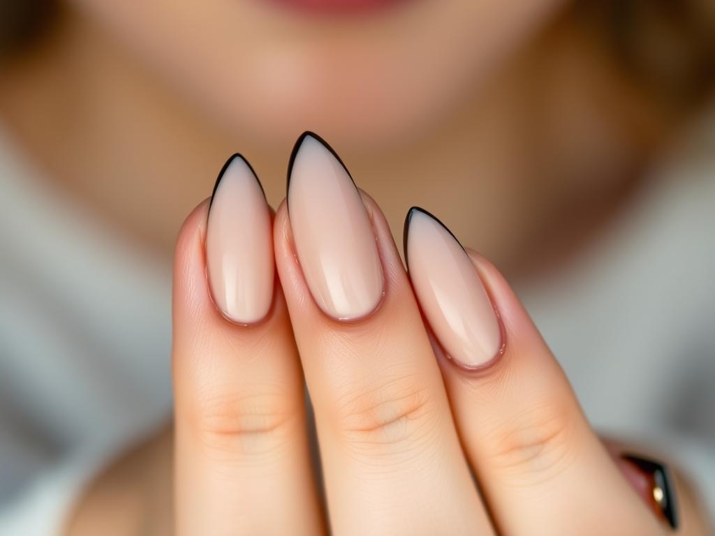 Migdałowe paznokcie nude z czarnym akcentem