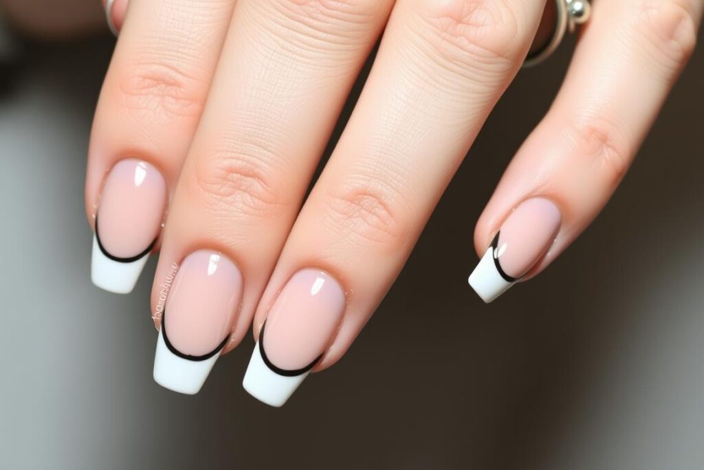 Paznokcie nude z czarnym francuskim manicure
