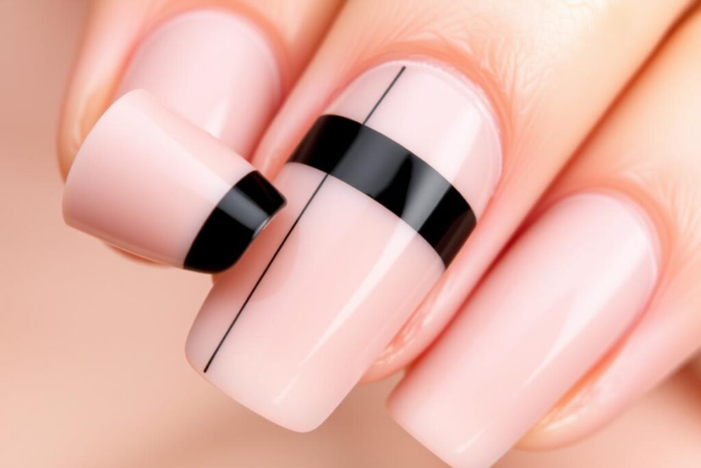 Paznokcie nude z czarnymi wzorami w stylu negative space
