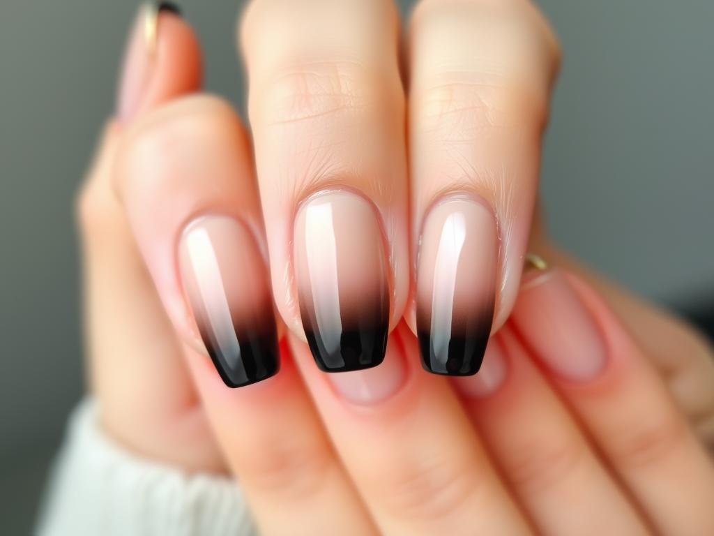 Pionowe ombre nude-czarny na paznokciach