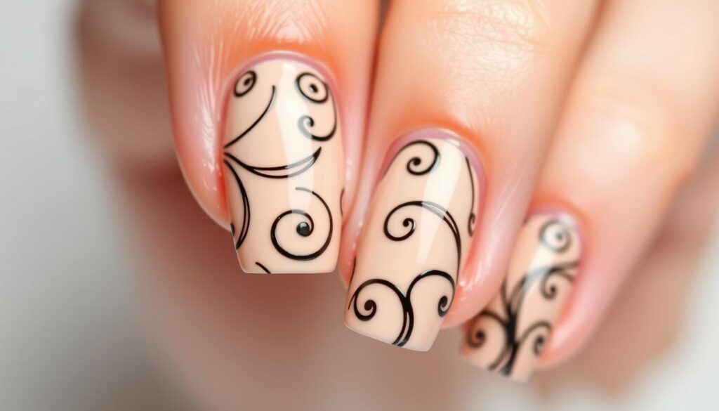 Swirl nails w odcieniach nude i czerni