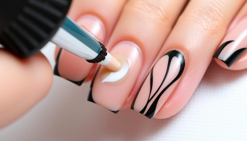 Zabezpieczenie manicure nude z czarnym topem