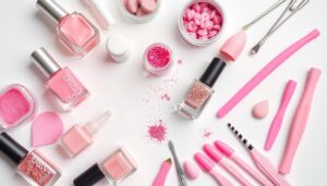Zestaw produktów do wykonania paznokci ombre różowych z brokatem