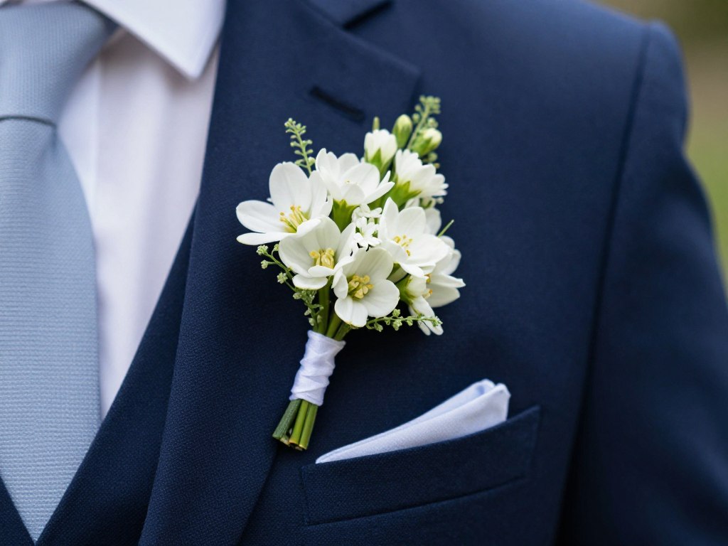 Elegancka butonierka i kwiatowe dodatki pasujące do garnituru przy sukni ecru, pokazujące jakie dodatki do sukienki ecru