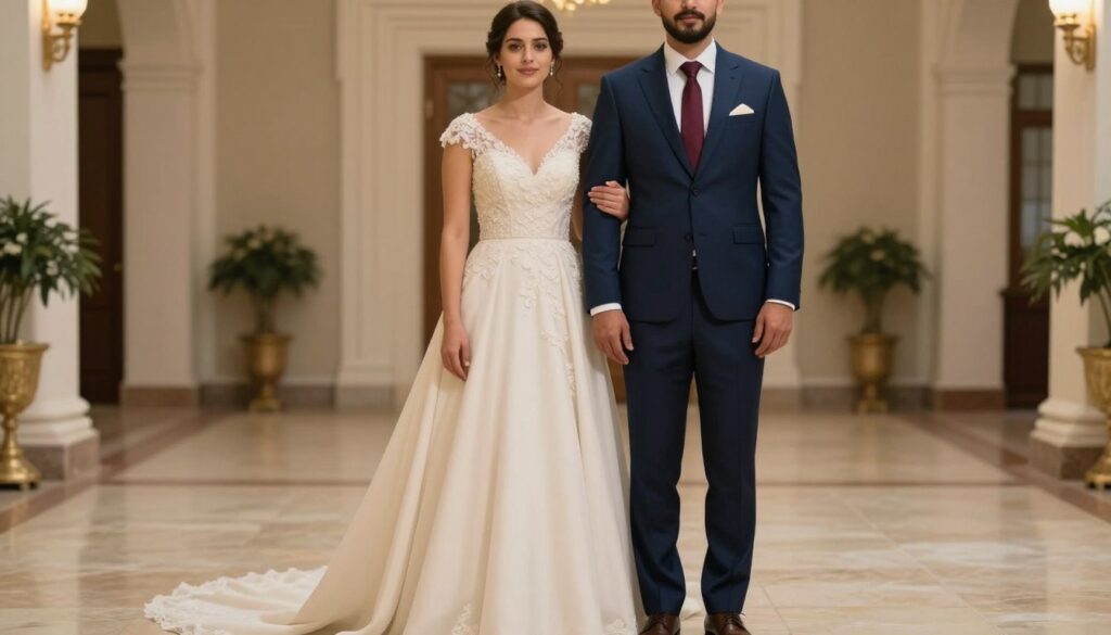 Elegancka para młoda z panem młodym w idealnie dobranym garniturze do sukni ecru, pokazująca jaki garnitur do sukienki ecru