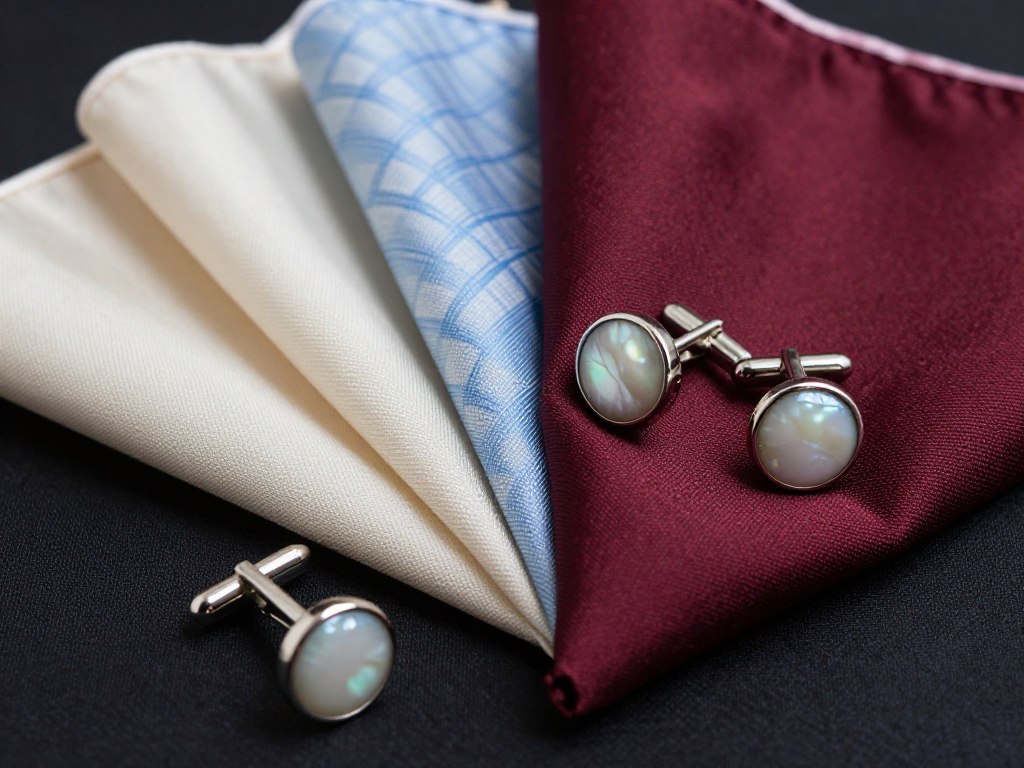 Eleganckie poszetki i spinki do mankietów pasujące do garnituru przy sukni ecru, pokazujące jakie dodatki do sukienki ecru