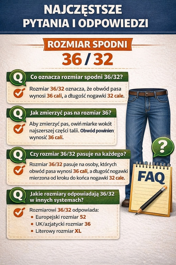 Infografika przedstawiająca najczęstsze pytania i odpowiedzi dotyczące rozmiaru spodni 3632