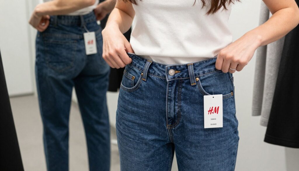 Kobieta przymierzająca spodnie H&M w różnych rozmiarach