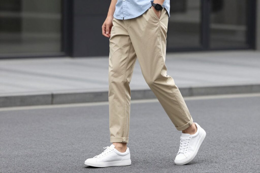 Mężczyzna w beżowych spodniach i białych sneakersach
