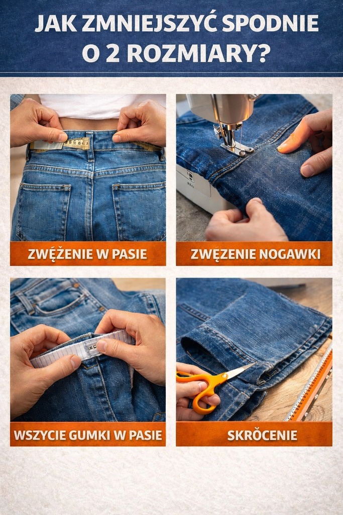 Różne metody zmniejszania spodni o 2 rozmiary pokazane na zdjęciu