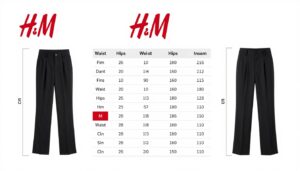 Tabela rozmiarów spodni H&M z zaznaczonym rozmiarem M