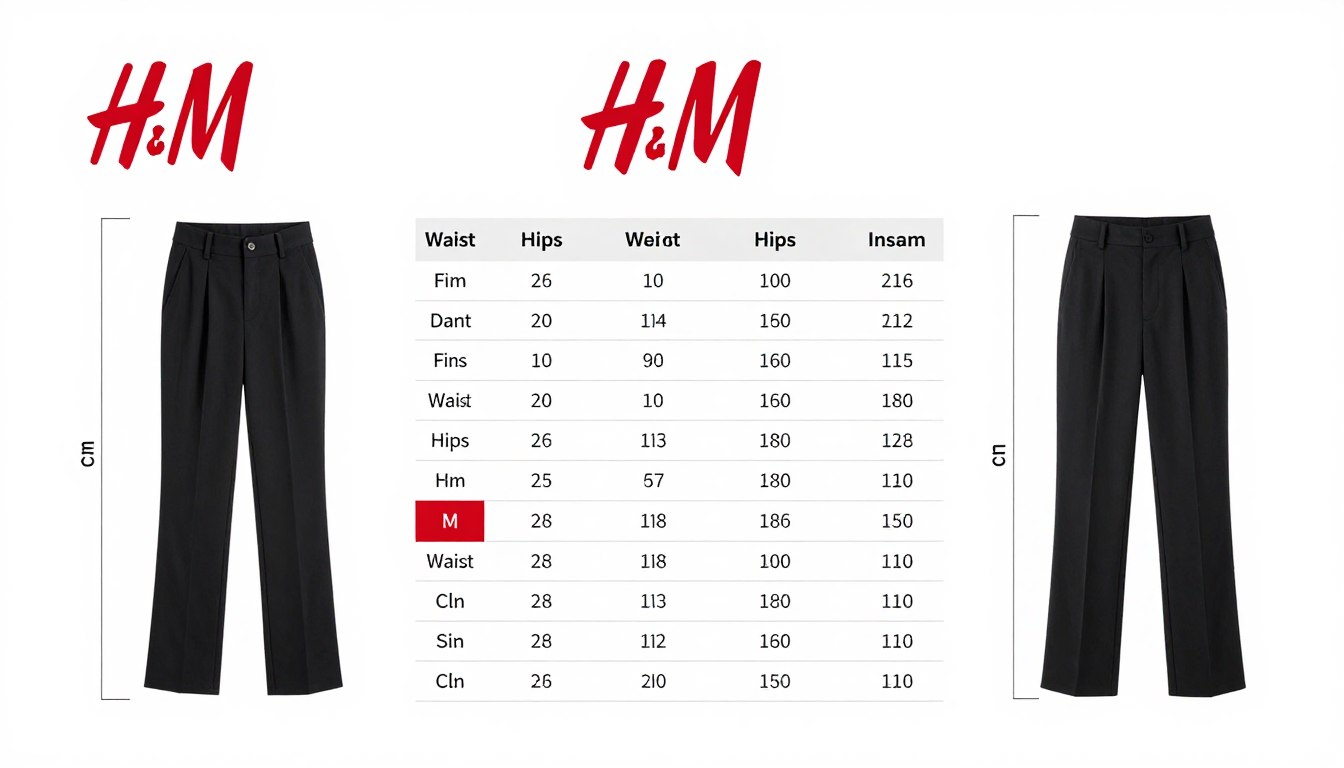 Tabela rozmiarów spodni H&M z zaznaczonym rozmiarem M